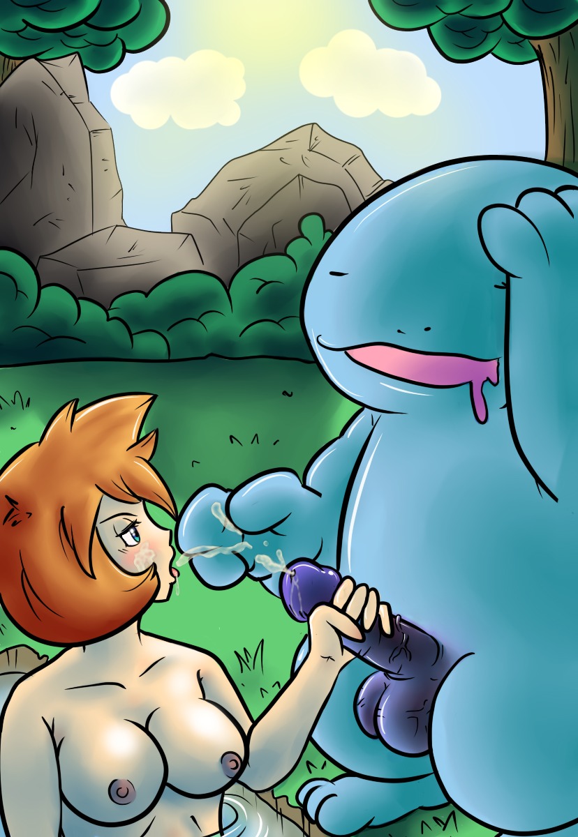 3_fingers 3_toes 5_fingers balls barefoot beige_skin blue_eyes blue_skin blush breasts closed_eyes color cum day erection female feral grass hair handjob human interspecies kasumi_(pokemon) male nintendo nipples nude open_eyes open_mouth orange_hair outdoors penis pokemon pokephilia quagsire quagsire_(artist) rule34 short_hair sky standing straight testicles tongue vein veiny_penis water