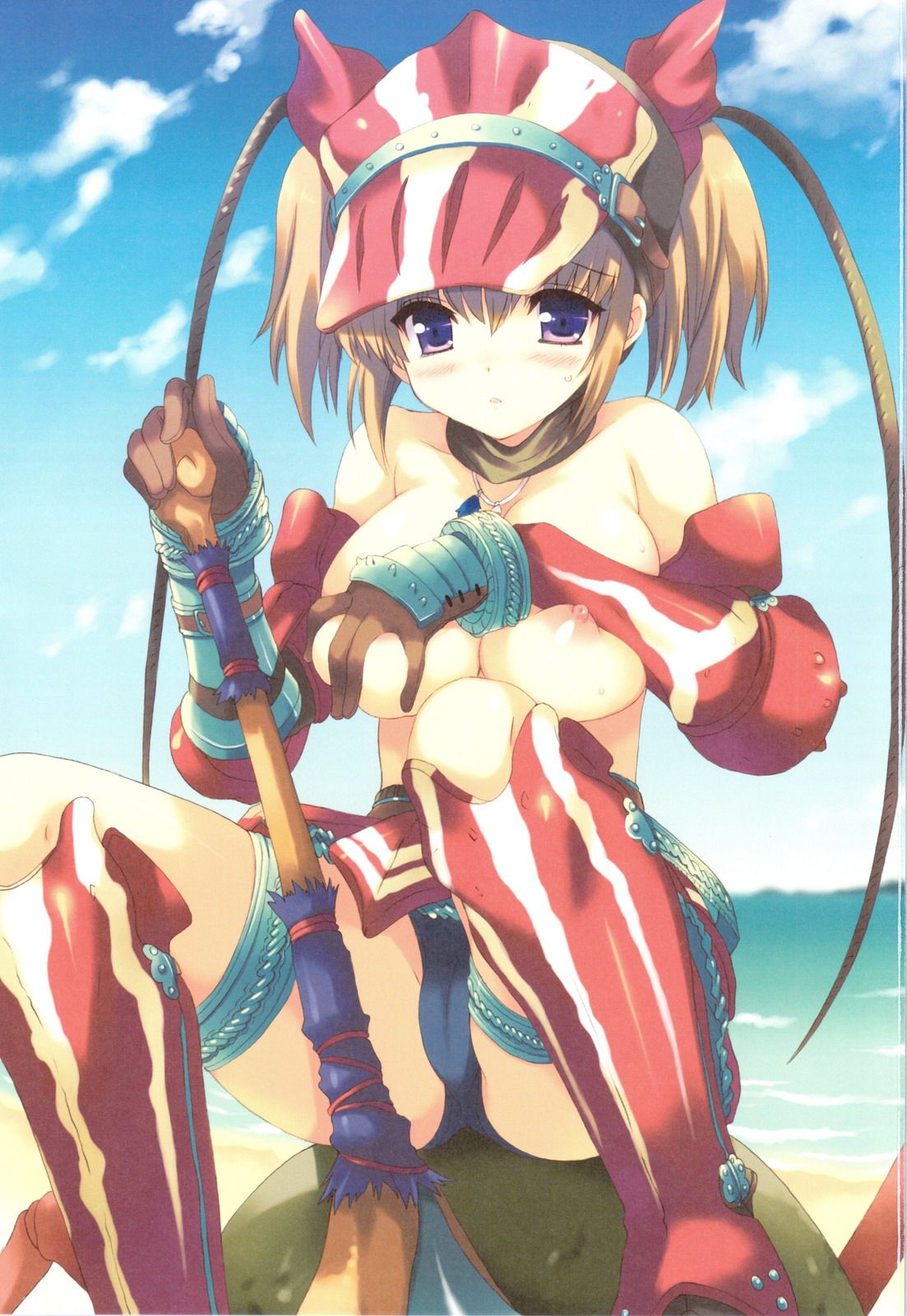 armor beach breast_hold breasts cameltoe female monster_hunter nipples outside pussy qp:flapper rule34 tagme topless weapon