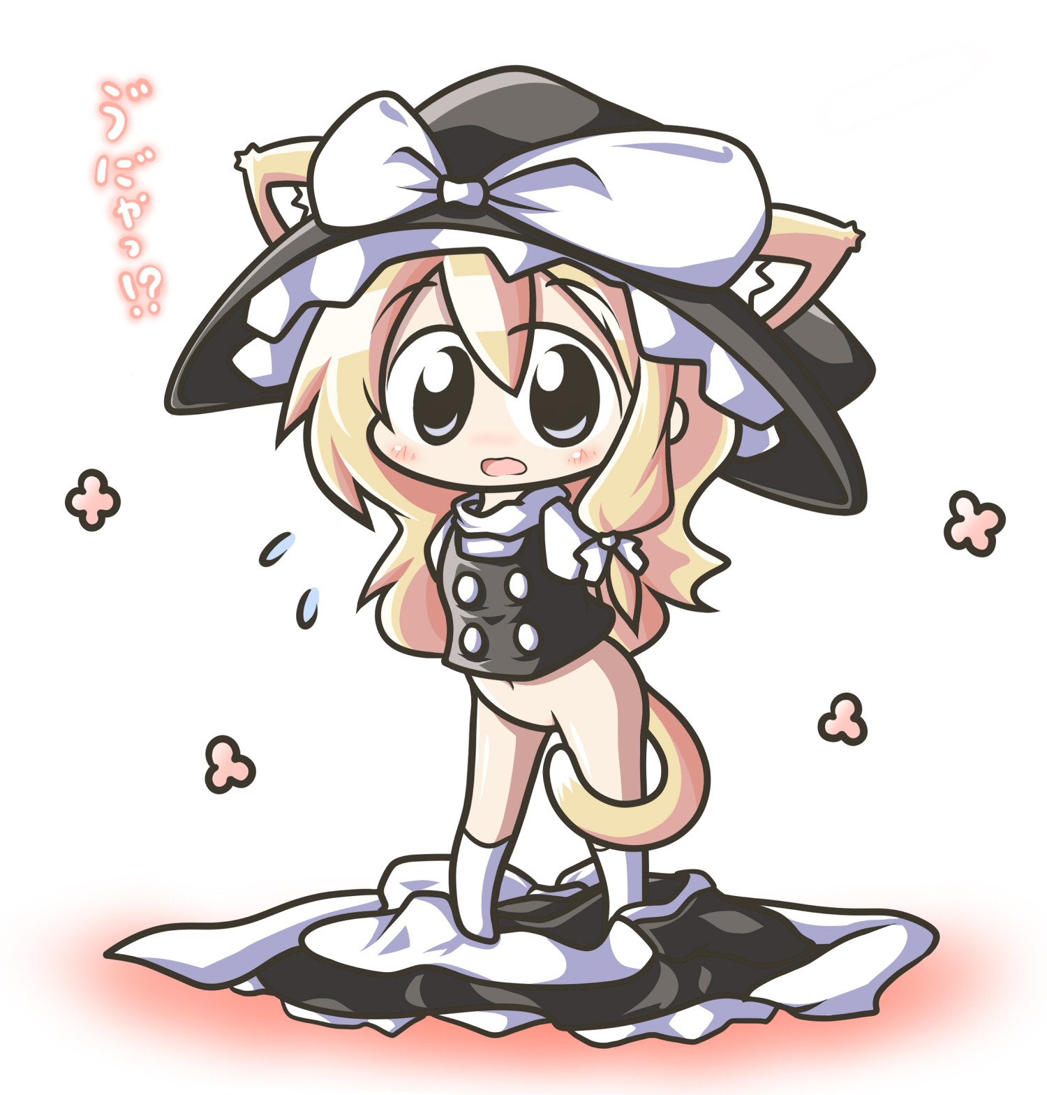 animal_ears arms_behind_back artist_request blonde_hair blue_eyes blush bottomless bow cat_ears cat_tail chibi female flower flying_sweatdrops hairbow hat highres kemonomimi_mode long_hair marisa_kirisame navel no_panties open_mouth rule34 socks solo tail touhou undressing white_background white_legwear witch_hat