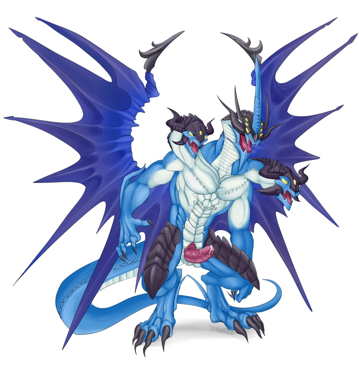 2013 3_heads anthro atlus biped blizzard_king blue_body blue_scales bodily_fluids claws digitigrade dragon e621 erection etrian_odyssey european_mythology genital_fluids genitals greek_mythology hi_res horn hydra male membrane_(anatomy) membranous_wings multi_eye multi_head muscular muscular_anthro muscular_male mythological_creature mythological_scalie mythology nude pecs penis precum scales scalie sega simple_background sirboburto solo standing tail western_dragon white_background wings yellow_eyes