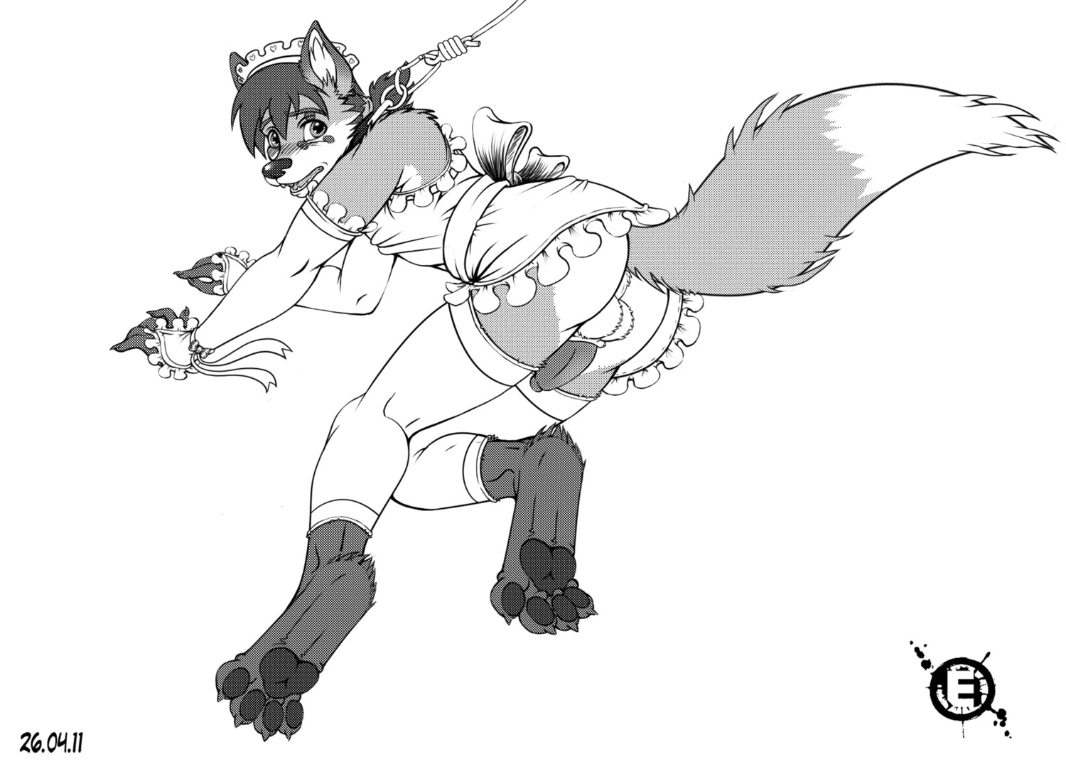 1boy 2011 anthro balls blush bow canine collar crossdressing eleode fur furry leash looking_at_viewer maid_uniform male male_only open_mouth pawpads penis ribbons rule34 solo stockings
