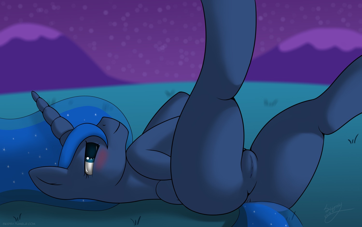 2012 anus blue_body blue_feathers blue_hair blush butt e621 equid equine ethereal_hair feathered_wings feathers female feral friendship_is_magic genitals hair hasbro hi_res horn legs_up long_hair mammal my_little_pony mythological_creature mythological_equine mythology night presenting princess_luna_(mlp) quadruped skipsy solo tail tail_anus vulva winged_unicorn wings
