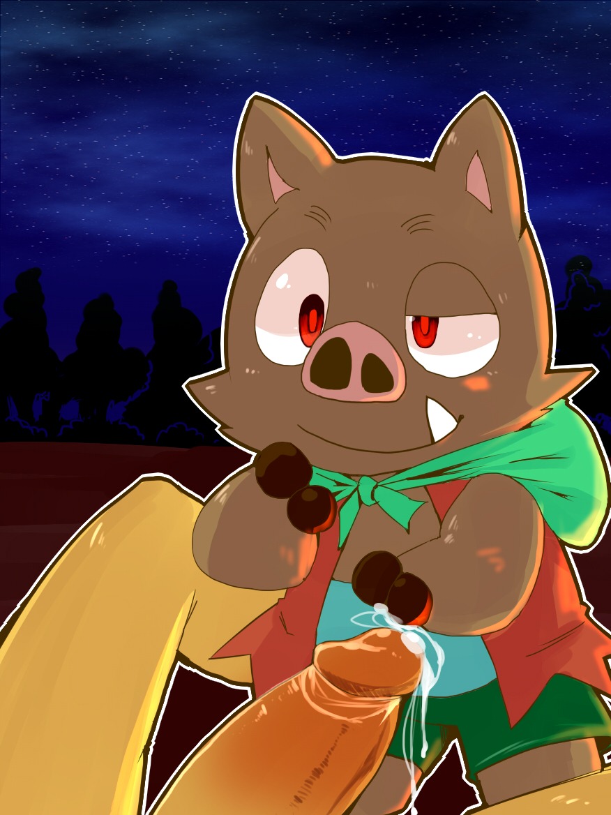3:4 anthro canid canine duo e621 erection fox genitals humanoid_genitalia humanoid_penis ishishi kaiketsu_zorori male male/male mammal masshiro penis slightly_chubby suid suine sus_(pig) wild_boar young zorori