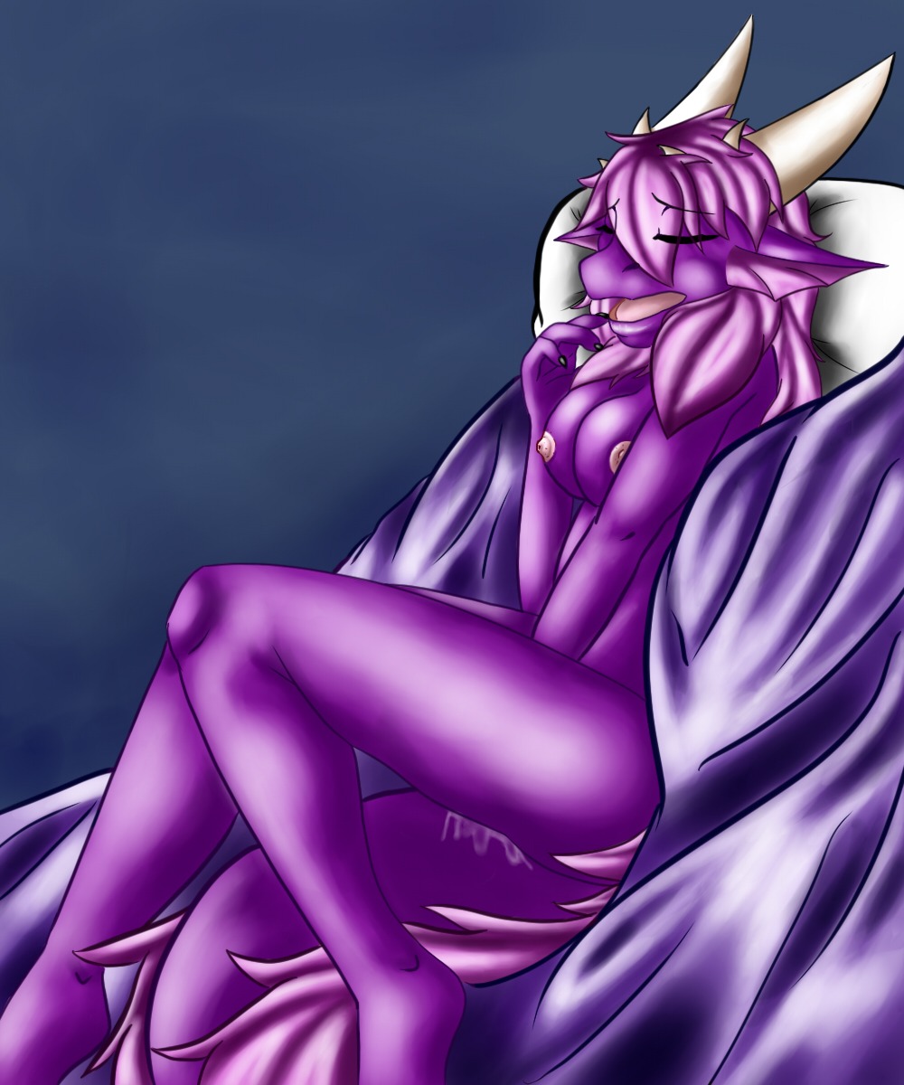5:6 anthro bed breasts digital_media_(artwork) dragon dragon-girl dragon-girl_(fursona) e621 eye_through_hair female furniture genitals hair hair_over_eyes hi_res masturbation mythological_creature mythological_scalie mythology nipples non-mammal_breasts non-mammal_nipples purple_body purple_skin scalie solo tail translucent translucent_hair vaginal vaginal_masturbation vulva