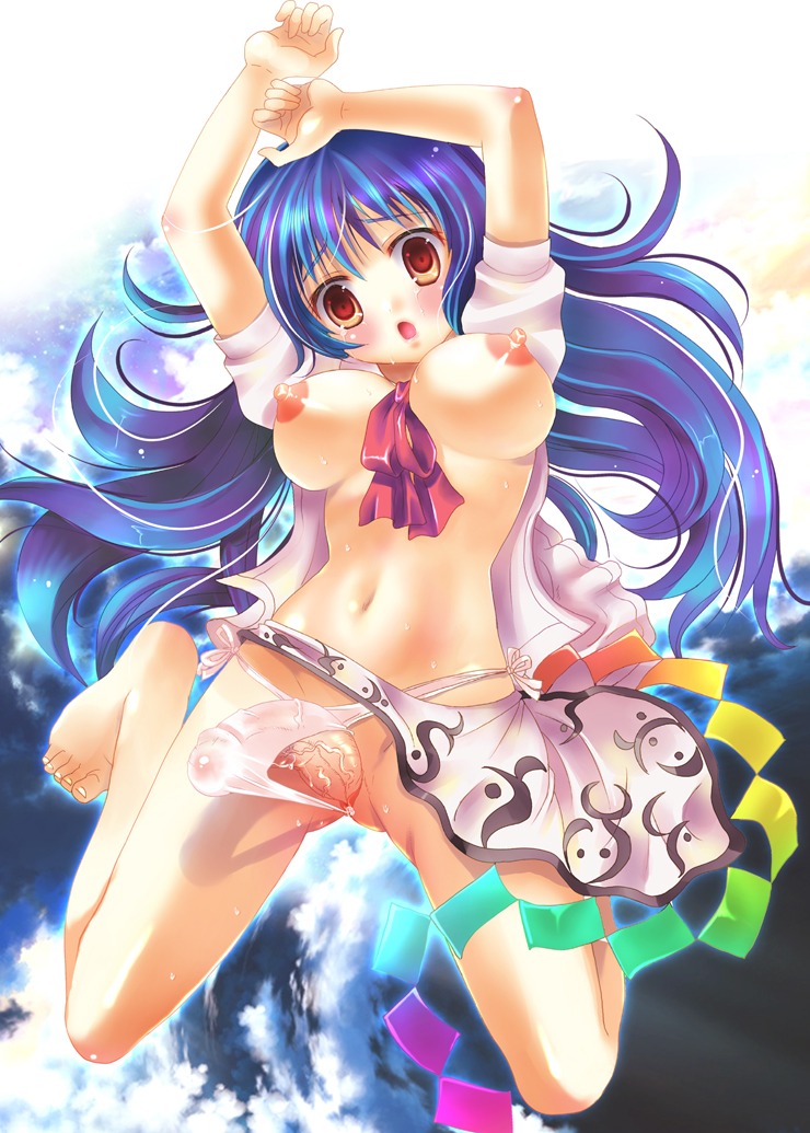 1futa barefoot between_breasts blue_hair blush breasts bulge clothes_between_breasts erect_nipples futa_only futa_sans_balls futanari intersex long_hair midriff motatei navel nipples open_mouth panties penis penis_in_panties red_eyes rule34 solo solo_futa tenshi_hinanawi touhou underwear