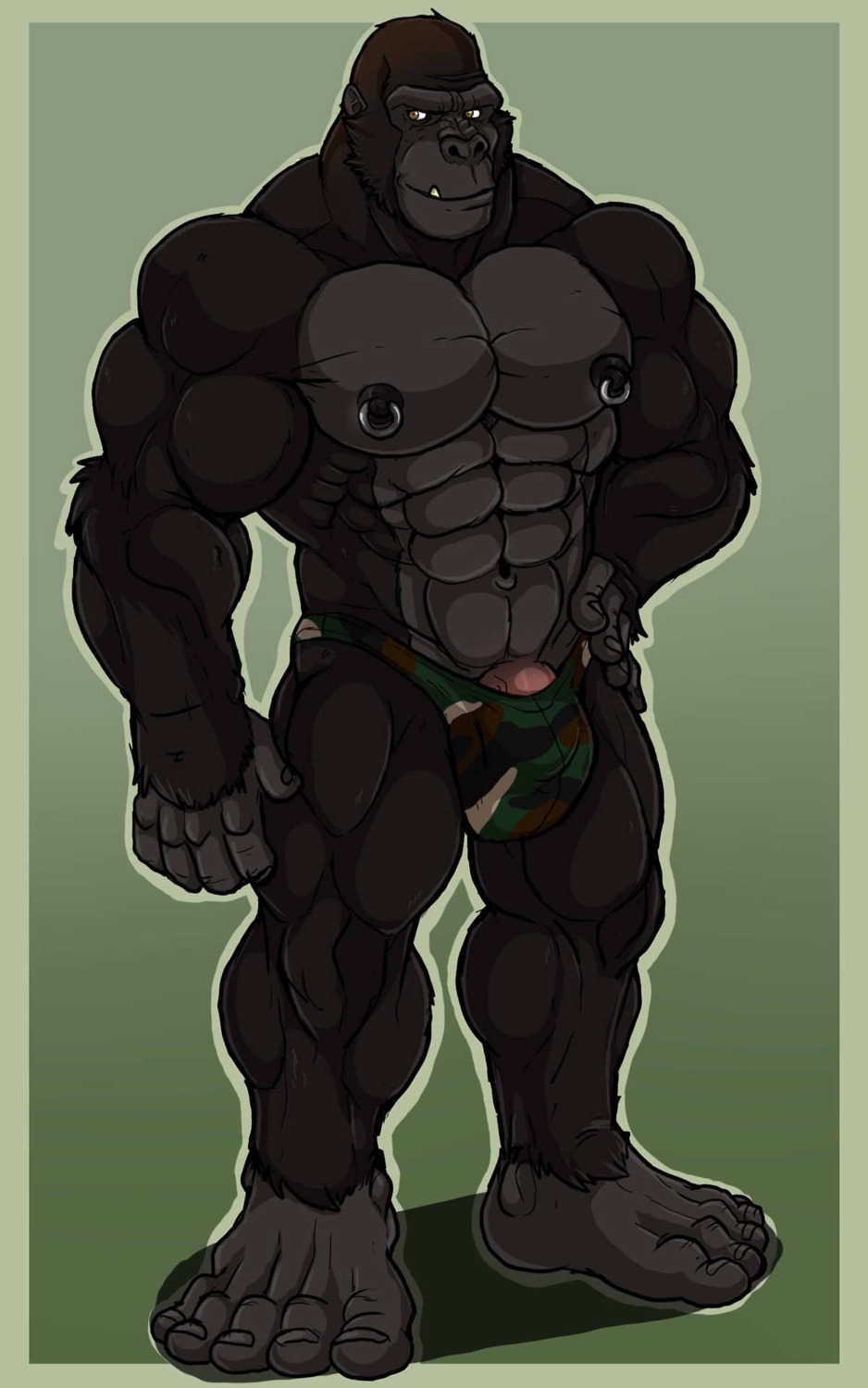 2013 5:8 5_toes abs animal_genitalia anthro ape arody athletic balls biceps big_feet big_muscles biped black_body black_fur brown_eyes bulge camo clothed clothing e621 fangs feet fur genitals gorilla green_background grey_body grey_fur grin haplorhine hi_res humanoid_feet male mammal muscular muscular_anthro muscular_male nipple_piercing nipples pecs penis penis_base piercing plantigrade pose presenting primate sheath simple_background smile solo speedo standing swimwear teeth thong toes topless underwear vein