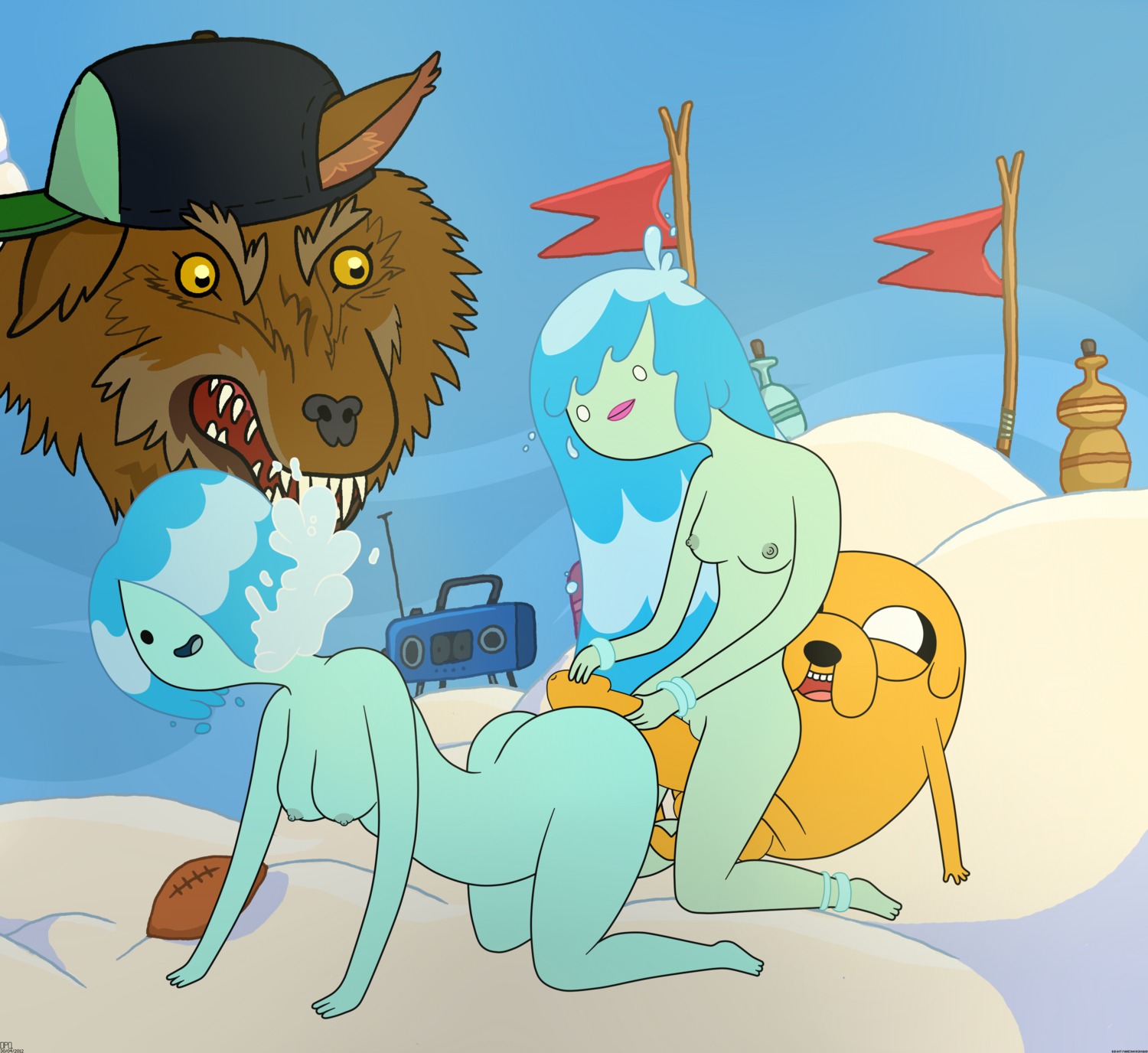 1boy 2girls 3_toes adventure_time all_fours anklet anthro areolae ass backwards_baseball_cap balls bangs barefoot black_eyes black_nose blue_skin bpq00x bracelet breasts canine carroll_(adventure_time) cleavage denise_(adventure_time) dog elemental fangs feet female floating floating_head football furry green_skin hair_over_one_eye hairless_pussy huge_cock imminent_sex interspecies jake_the_dog long_hair male mammal medium_breasts nipples nude open_mouth outdoors party_god penis pink_lips pussy rule34 sharp_teeth short_hair sky small_breasts smile snow straight threesome toes toony tribadism_on_penis very_long_hair water water_hair water_nymph wolf yellow_eyes yellow_fur