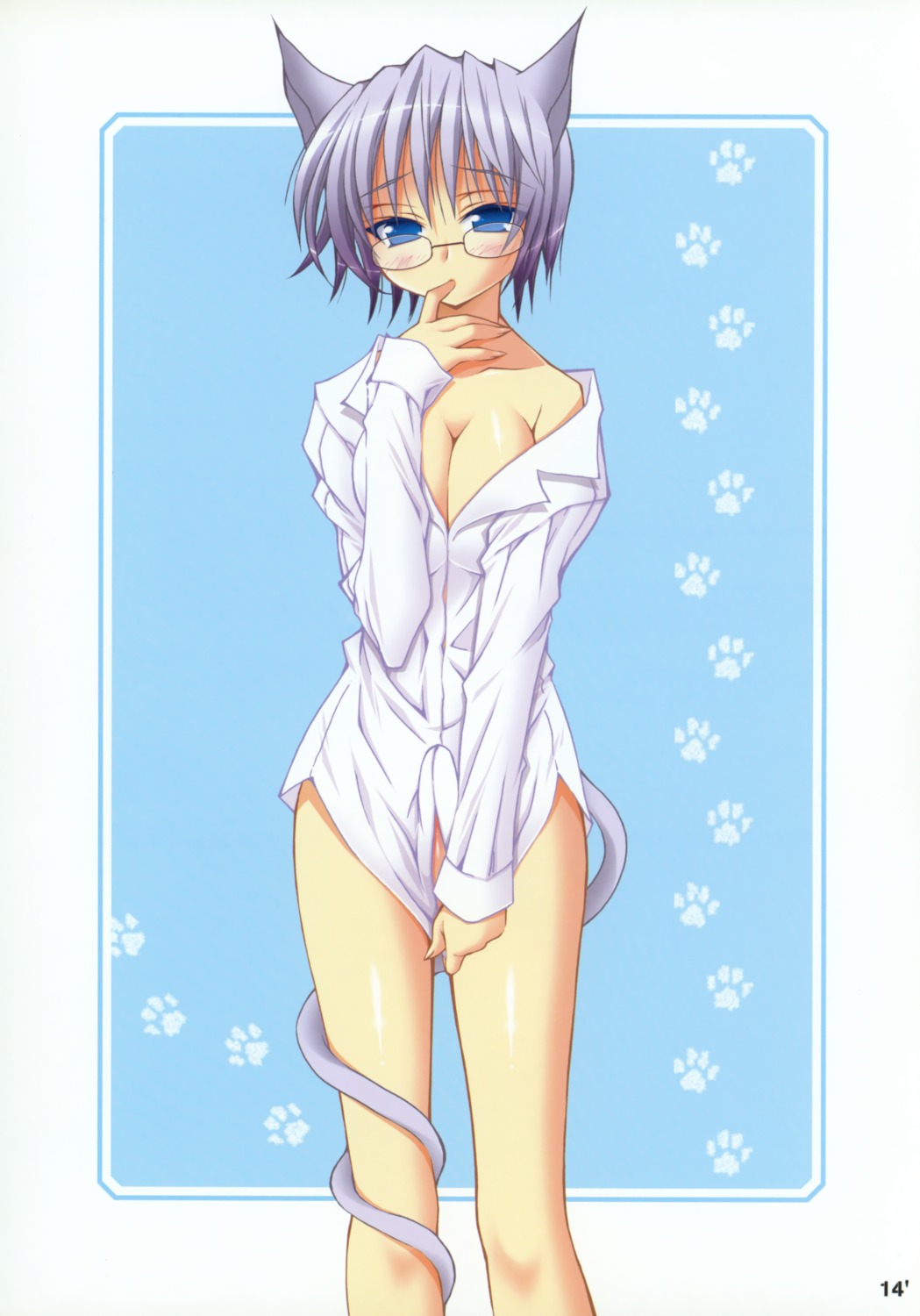 animal_ears bottomless cat_ears cleavage dress_shirt futanari intersex megane no_bra oshaban rule34 sasahiro tail