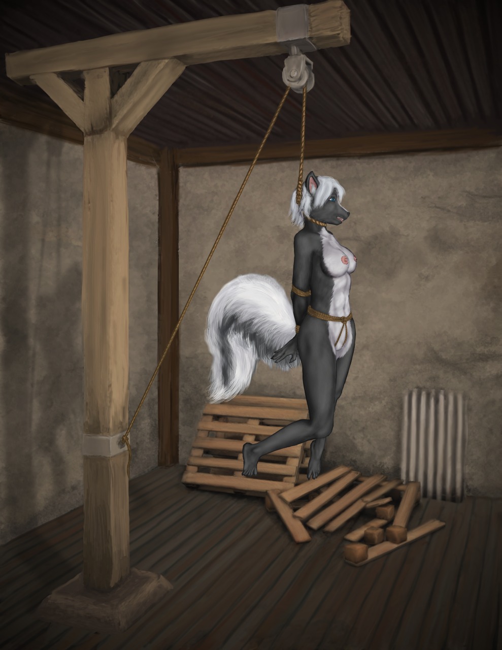 anthro asphyxiation bdsm bondage bound e621 erotic_asphyxiation female hanged hi_res mammal mephitid miyu_(rimefox) nipples noose nude restraints rimefox rope rope_bondage skunk snuff solo submissive submissive_female