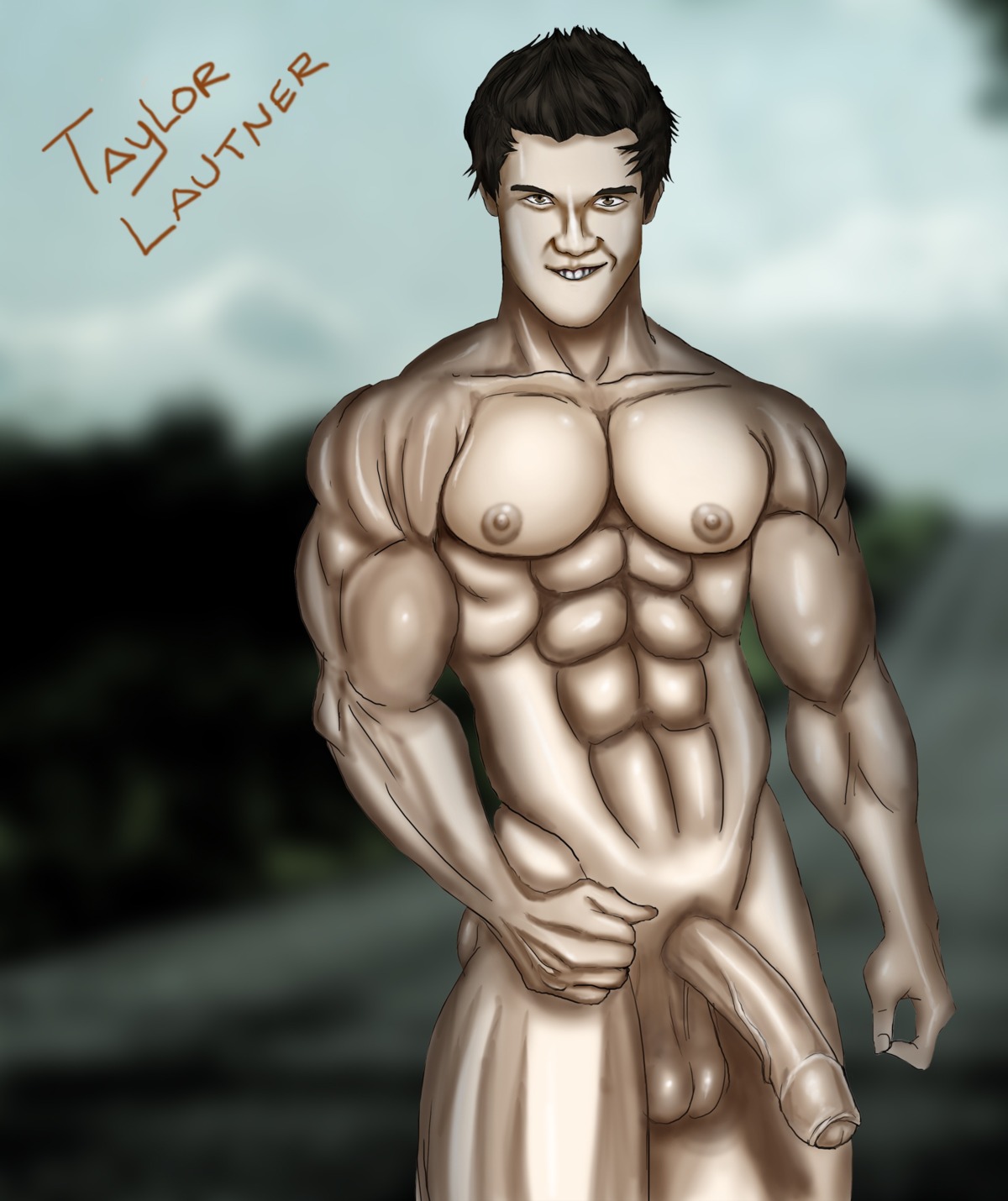 1boy balls big_balls big_penis biting_lip brown_hair jacob_black male male_only muscles muscular new_moon nude penis rule34 short_hair simple_background solo taylor_lautner the_twilight_saga