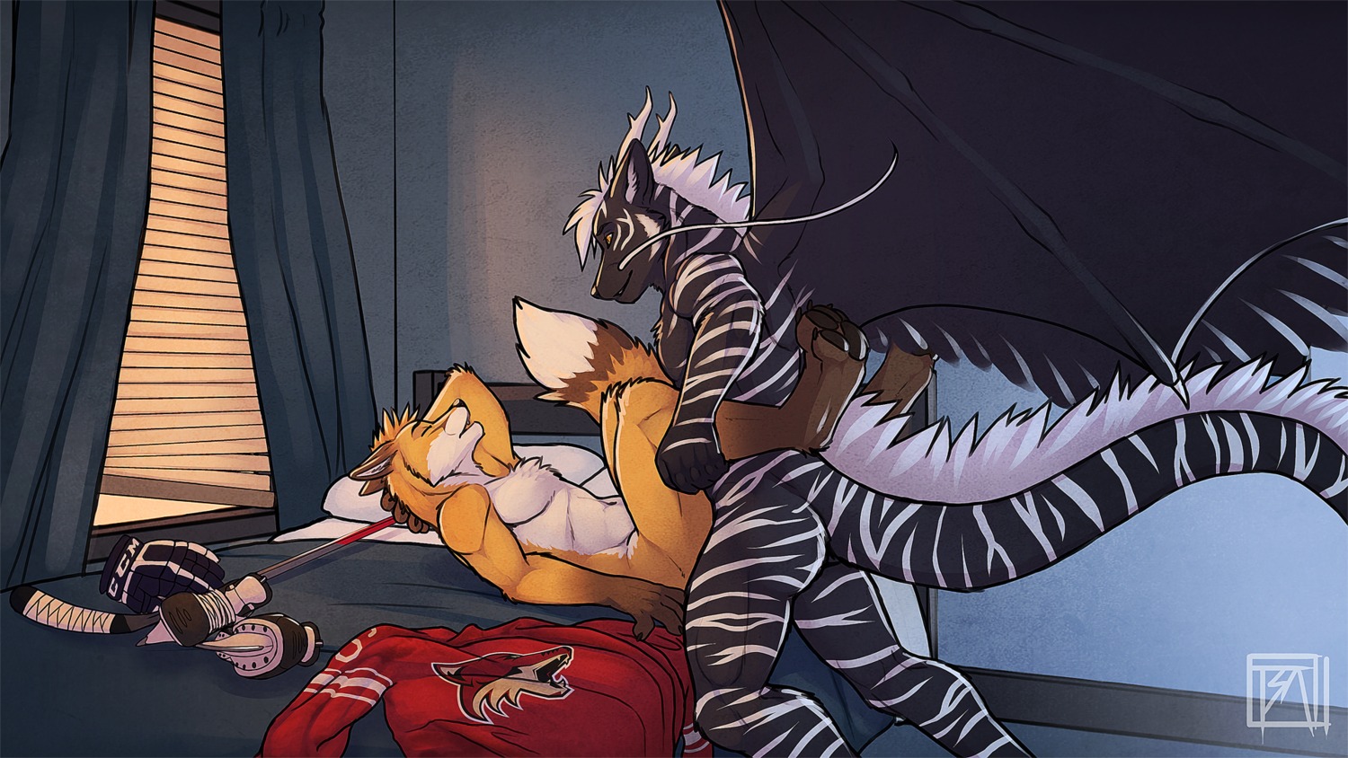 16:9 anal anal_penetration anthro arizona_coyotes bed bedroom biceps big_tail big_wings black_body black_fur black_skin brown_body brown_fur canid canine dragon duo e621 eyes_closed feet fox fur furniture hair hand_behind_head hi_res hindpaw hockey horn inside interspecies leg_grab legs_up lying male male/male male_penetrated male_penetrating male_penetrating_male mammal markings membrane_(anatomy) membranous_wings muscular mythological_creature mythological_scalie mythology nude on_back on_bed open_mouth pawpads paws pecs penetration reptile scales scalie sex sport standing stripes table_lotus_position tail telford tsaiwolf white_body white_hair white_skin widescreen window wings yuumei_(character)
