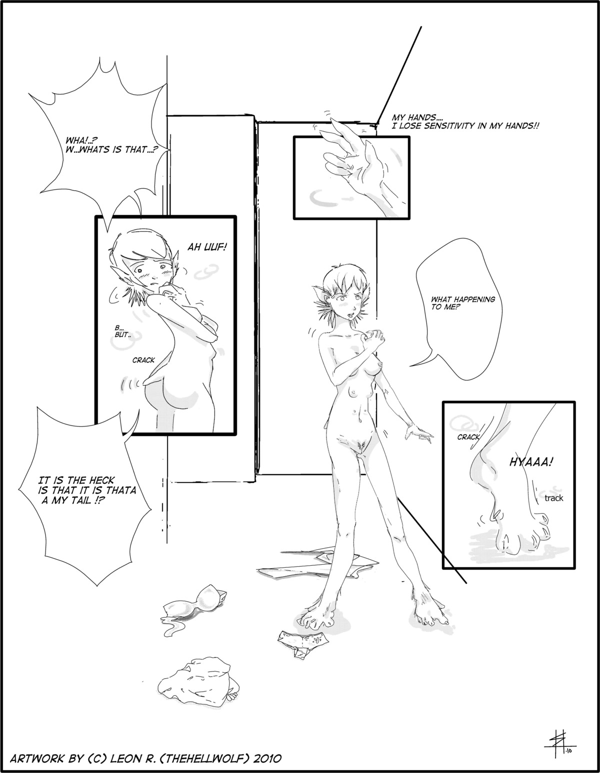 2010 absurd_res black_and_white bra breasts broken_language canid canine canis clothing computer cracking_joints dialogue digital_media_(artwork) e621 electronics english_text exclamation_point female fleshy_tail four_frame_image four_frame_sequence genitals growth hi_res interrobang line_art mammal monochrome multi_nipple nipples onomatopoeia pointy_speech_bubble sequence solo sound_effects speech_bubble tail tail_growth text thehellwolf transformation underwear verbal_reaction_to_tf vulva wolf