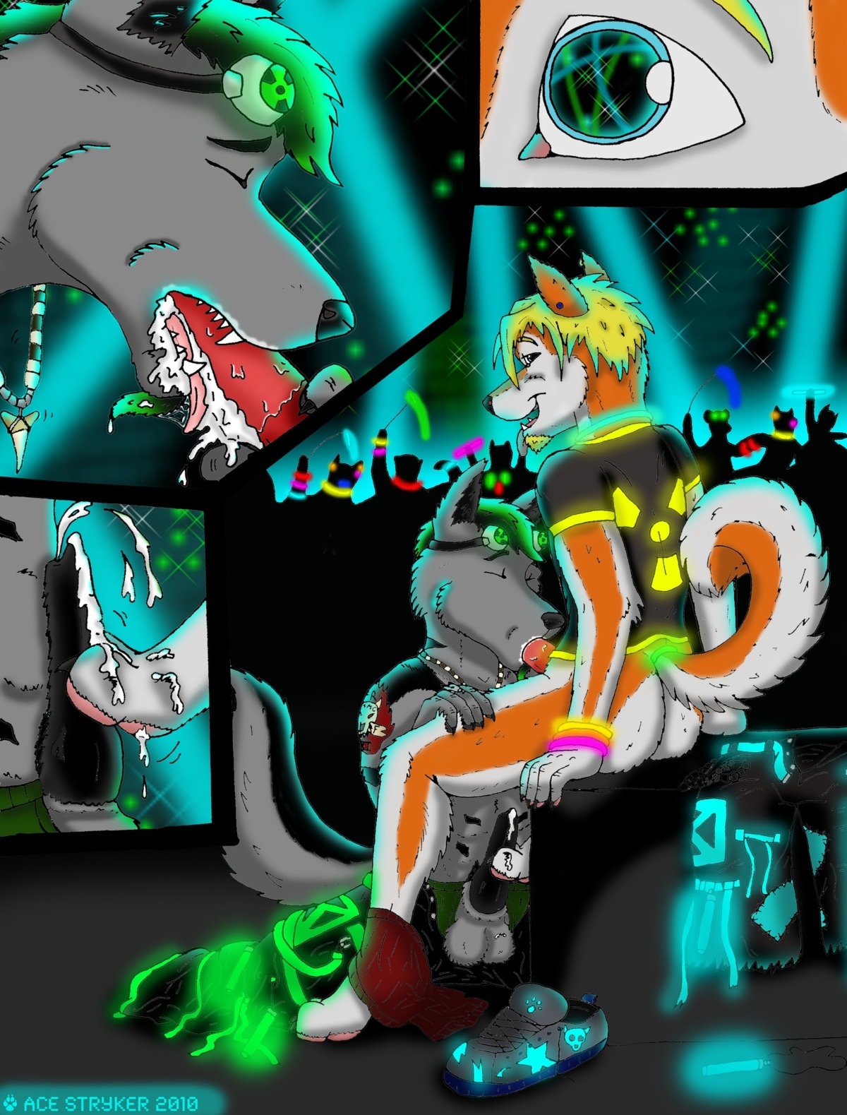 2010 absurd_res ace_stryker anthro anthro_on_anthro barefoot bodily_fluids canid canine canis cum cum_in_mouth cum_inside cum_on_feet dancing digital_media_(artwork) domestic_dog drugs duo_focus e621 erection feet fellatio foot_fetish foot_play footjob genital_fluids genitals glowstick group hi_res husky looking_at_viewer male male/male male_penetrated male_penetrating male_penetrating_male mammal nightclub nordic_sled_dog oral oral_penetration penetration penile penis public rave ryan_sanderson sex silhouette spitz tail wolf