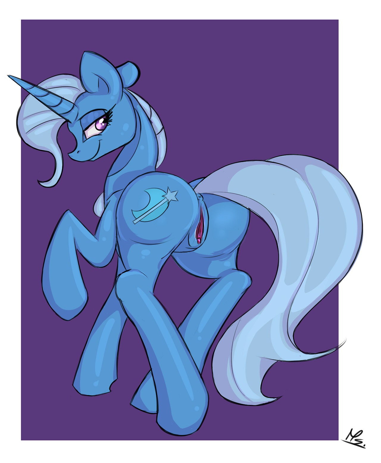 2014 anus asadama blue_body blue_fur blue_hair clitoral_winking clitoris cutie_mark e621 equid equine female feral friendship_is_magic fur genitals hair hasbro hi_res horn looking_at_viewer mammal my_little_pony mythological_creature mythological_equine mythology presenting purple_eyes simple_background smile solo trixie_(mlp) unicorn vulva