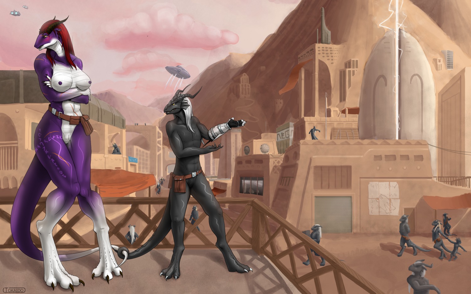2014 absurd_res animal_genitalia anthro armor arun_(tokaido) barefoot belly belt bite biting_lip biting_own_lip black_body blush breasts building casual_nudity city claws clothing cloud crossed_arms detailed_background digital_media_(artwork) dragon duo_focus e621 embarrassed entwined_tails feet female gauntlets genital_slit genitals gloves group hair handwear herm hi_res horn intersex larger_female lips long_hair long_tail male market market_stall mountain muscular muscular_intersex mythological_creature mythological_scalie mythology nipples non-mammal_breasts non-mammal_nipples nude nudist outside public public_nudity purple_body purple_nipples red_hair runei_worth scales scalie scar science_fiction self_bite shy size_difference sky social_nudity spacecraft standing tail tail_coil tall tattoo teeth toe_claws tokaido vehicle vulva wallpaper white_belly white_body white_hair white_scales wide_hips widescreen