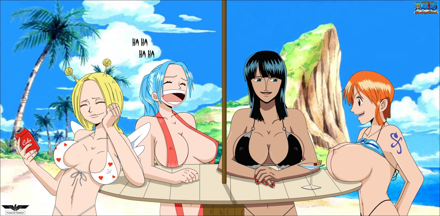 4girls arm_tattoo bare_shoulders beach big_breasts bikini black-haired_female black_hair blonde-haired_female blonde_hair blue-haired_female blue_hair blue_tattoo breasts breasts_out can cleavage closed_eyes clothing conis drink erect_nipples female female_only huge_breasts large_breasts laughing long_hair multiple_females multiple_girls nami_(one_piece) nefertari_vivi nico_robin nipples nobody_(artist) one_piece open_mouth orange-haired_female orange_hair ponytail pre-timeskip rule34 short_hair sling_bikini swimsuit table tattoo tattoo_on_arm tattooed_arm tied_hair tree vector