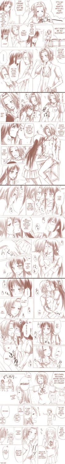 aira_(artist) blush bra bra_lift breast_grab breast_lick breast_licking breasts closed_eyes comic female fingering hard_translated high_resolution human human_only k-on! kissing licking lingerie mio_akiyama_(k-on!) monochrome open_clothes open_shirt ritsu_tainaka_(k-on!) rule34 school_uniform sitting sweat tongue translated tsumugi_kotobuki_(k-on!) yui_hirasawa_(k-on!) yuri