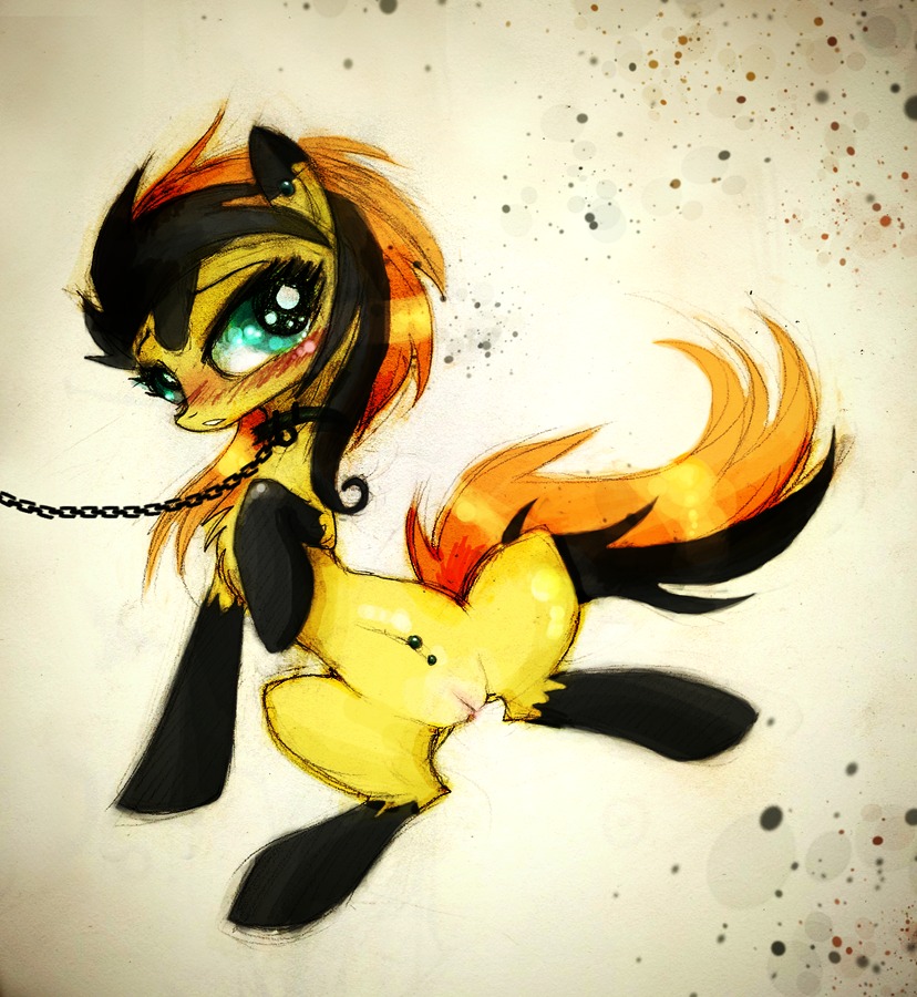 bdsm blush chain collar e621 ear_piercing earth_pony equid equine fan_character female feral foxinshadow fur genitals hair hasbro horse lying mammal multicolored_hair my_little_pony navel navel_piercing on_back piercing pony quadruped solo spread_legs spreading tail traditional_media_(artwork) vulva yellow_body yellow_fur
