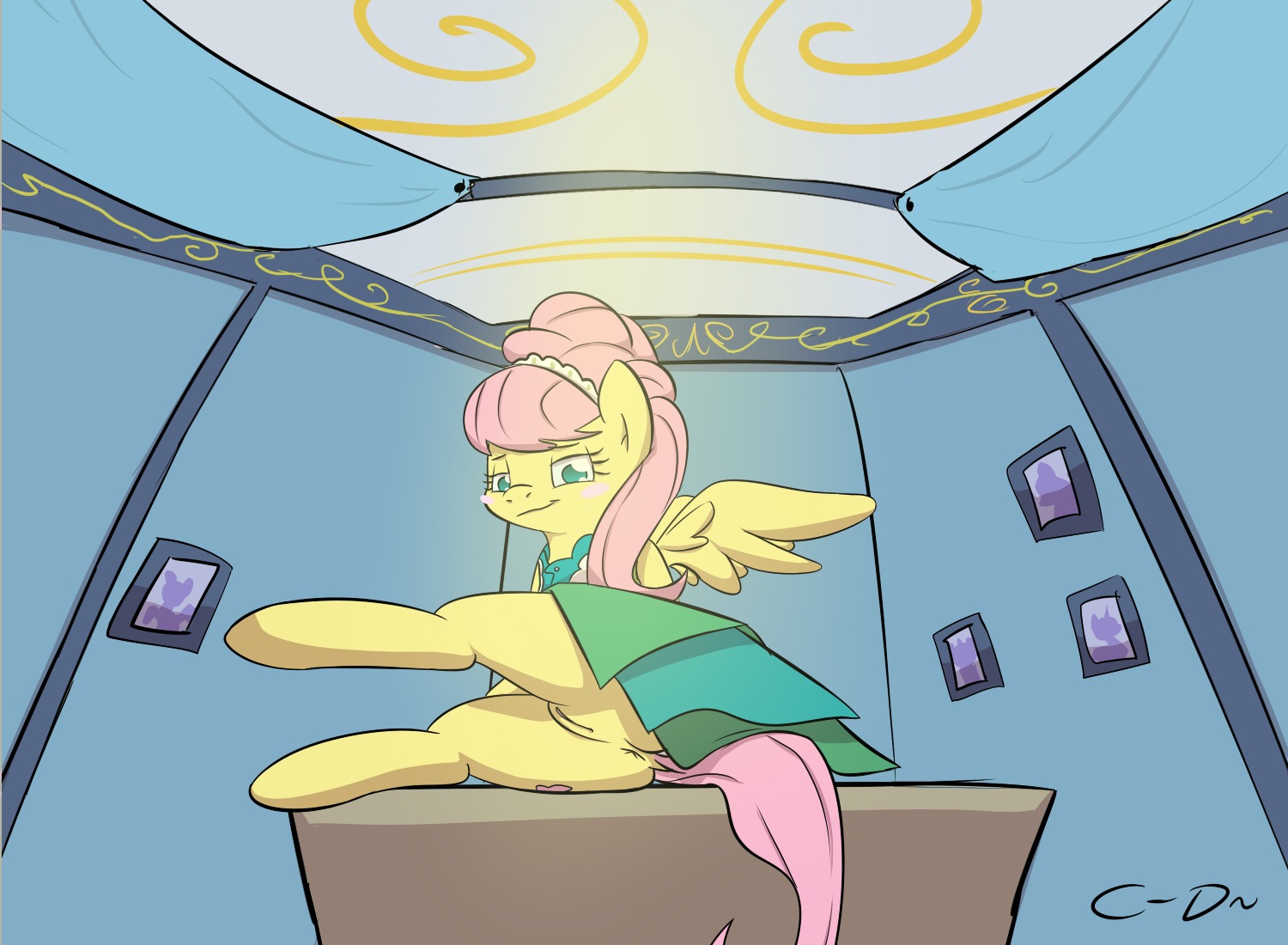 2012 anus atrolux blue_eyes blush butt clothing conditional_dnp cutie_mark digital_media_(artwork) dress e621 equid equine feathered_wings feathers female feral fluttershy_(mlp) friendship_is_magic genitals hair hasbro looking_at_viewer mammal my_little_pony mythological_creature mythological_equine mythology pegasus pink_hair smile solo tail vulva wings yellow_body yellow_feathers