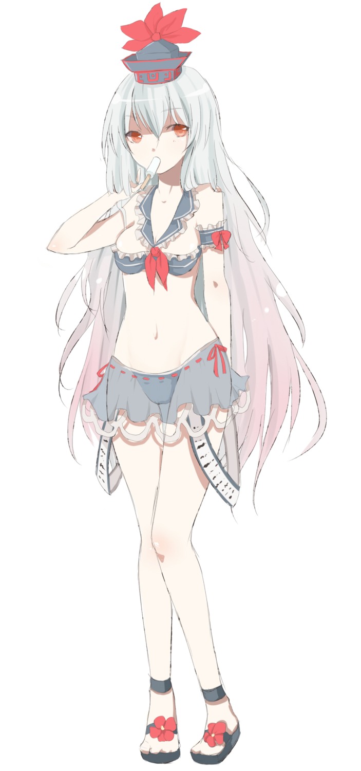 bikini error female food hat high_res highres ice_cream keine_kamishirasawa long_hair mizugi rule34 simple_background solo swimsuit touhou white_hair wrong_feet
