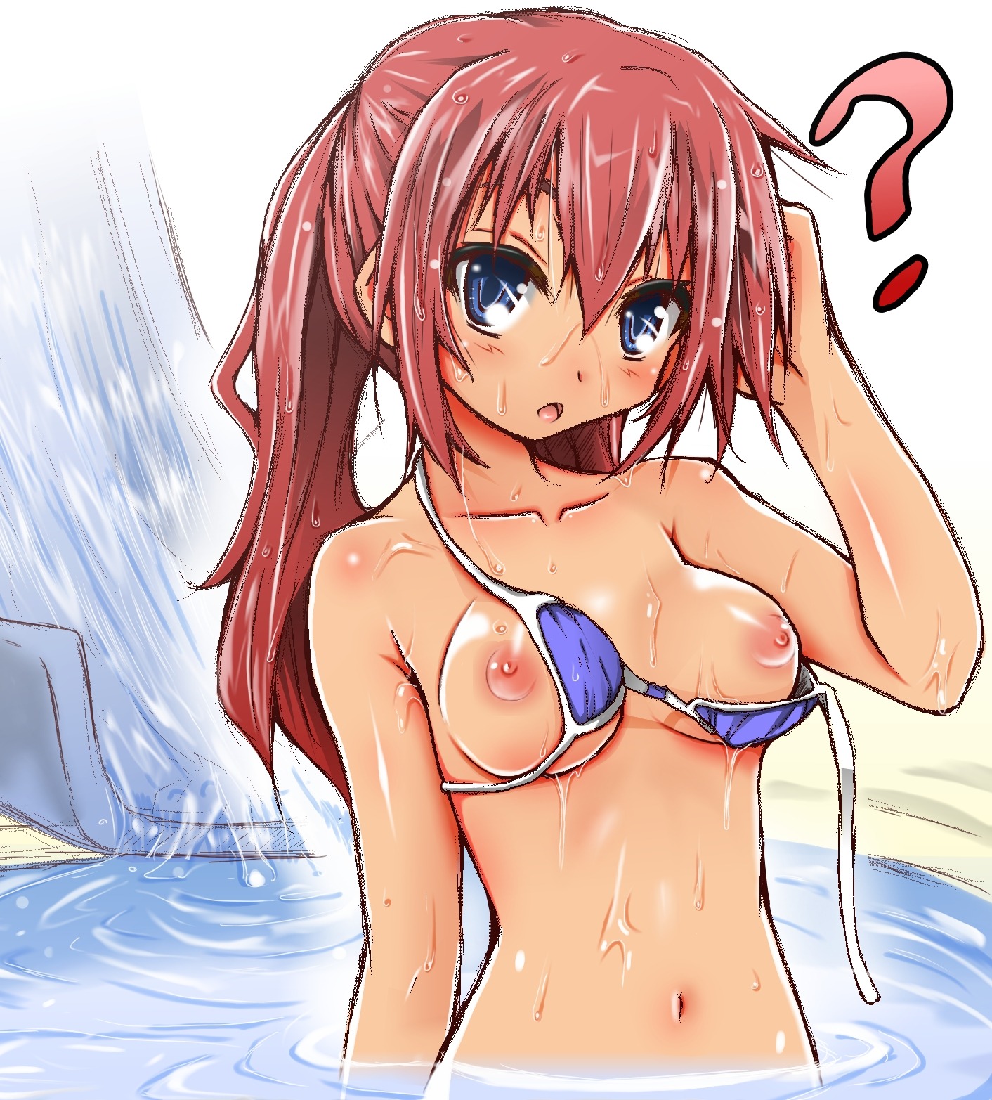 accidental_exposure bikini_malfunction bikini_top blue_eyes breasts female highres long_hair navel naz nipples original red_hair rule34 swimsuit wardrobe_malfunction water water_slide