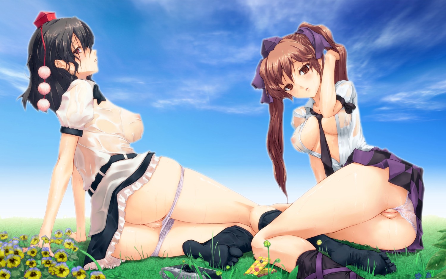 16:10 2girls ass between_breasts black_hair breasts breasts_apart brown_eyes brown_hair camera cellphone female flower hair_ribbon hand_in_hair hat hatate_himekaidou highres kuku_px multiple_females multiple_girls necktie necktie_between_breasts nipples no_bra open_clothes open_shirt panties panty_pull phone pussy pussy_juice red_eyes ribbon rule34 see-through shameimaru_aya shirt short_hair sitting tied_hair tokin_hat touhou twintails uncensored underwear wallpaper wet wet_clothes