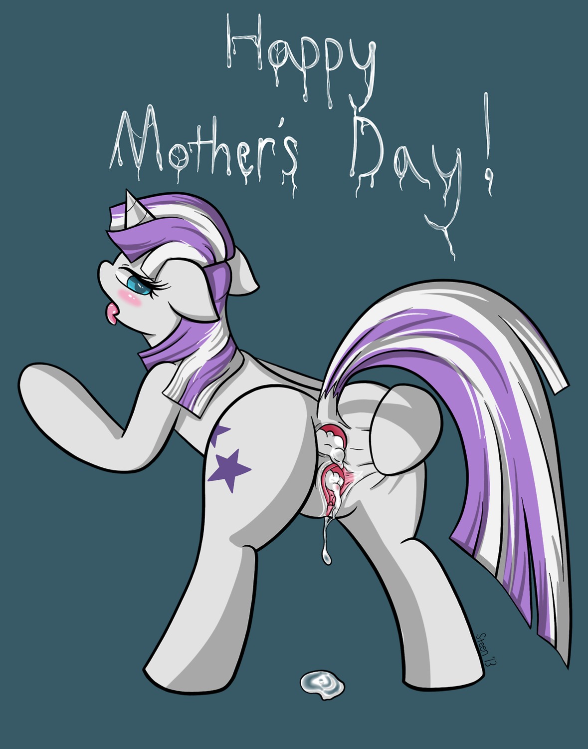 2013 after_sex anus blue_eyes bodily_fluids clitoris cum cum_in_ass cum_in_vagina cum_inside cutie_mark e621 english_text equid equine female feral friendship_is_magic fur gaping gaping_anus gaping_vagina genital_fluids genitals grey_body grey_fur hair hasbro hi_res holidays horn implied_incest jasonstrom looking_back mammal mature_female mother's_day multicolored_hair my_little_pony mythological_creature mythological_equine mythology solo spread_anus spread_vulva spreading tail text tongue tongue_out twilight_velvet_(mlp) two_tone_hair unicorn vulva