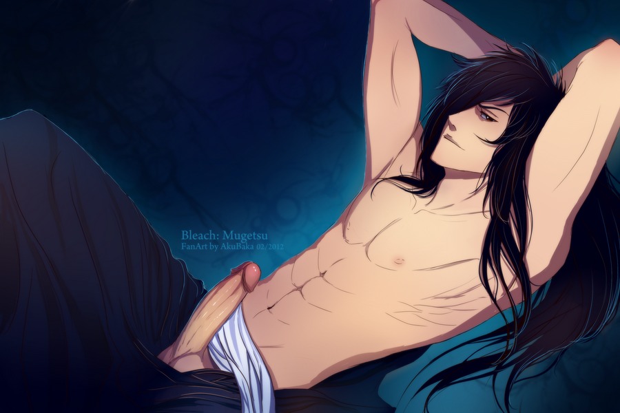 1boy akubaka black_hair bleach erection ichigo_kurosaki male male_only penis rule34 solo tagme topless uncensored