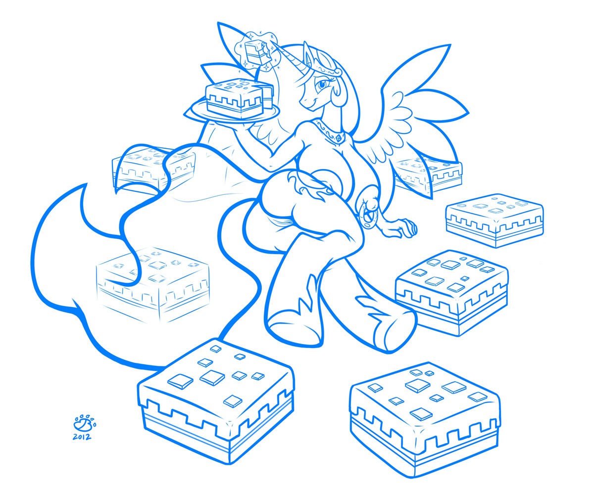 1girls 2012 alicorn alternate_version_available anthro badgerben balls big_breasts breasts cake cleavage crossover equine female female_focus female_only friendship_is_magic hasbro line_art looking_at_viewer magic male minecraft my_little_pony nipple_piercing nipples nude on_side piercing princess_celestia_(mlp) pussy rule34 smile solo testicles white_background