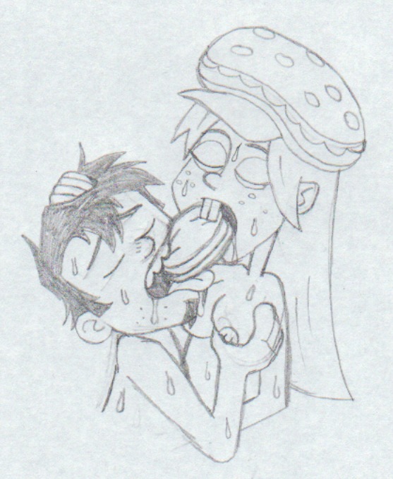 1boy 1girls accurate_art_style artist_request black_hair breast_grab breasts buckteeth burger burger_hat closed_eyes cropped_torso dan_(dan_vs) dan_vs. eating female food freckles_on_face grope groping groping_breasts hand_on_head hortence long_hair male male/female monochrome nude pencil_(artwork) rule34 scan sex_while_eating shared_food sharing_food simple_background sketch small_breasts soul_patch straight stubble sweat tongue tongue_out traditional_media_(artwork) upper_body