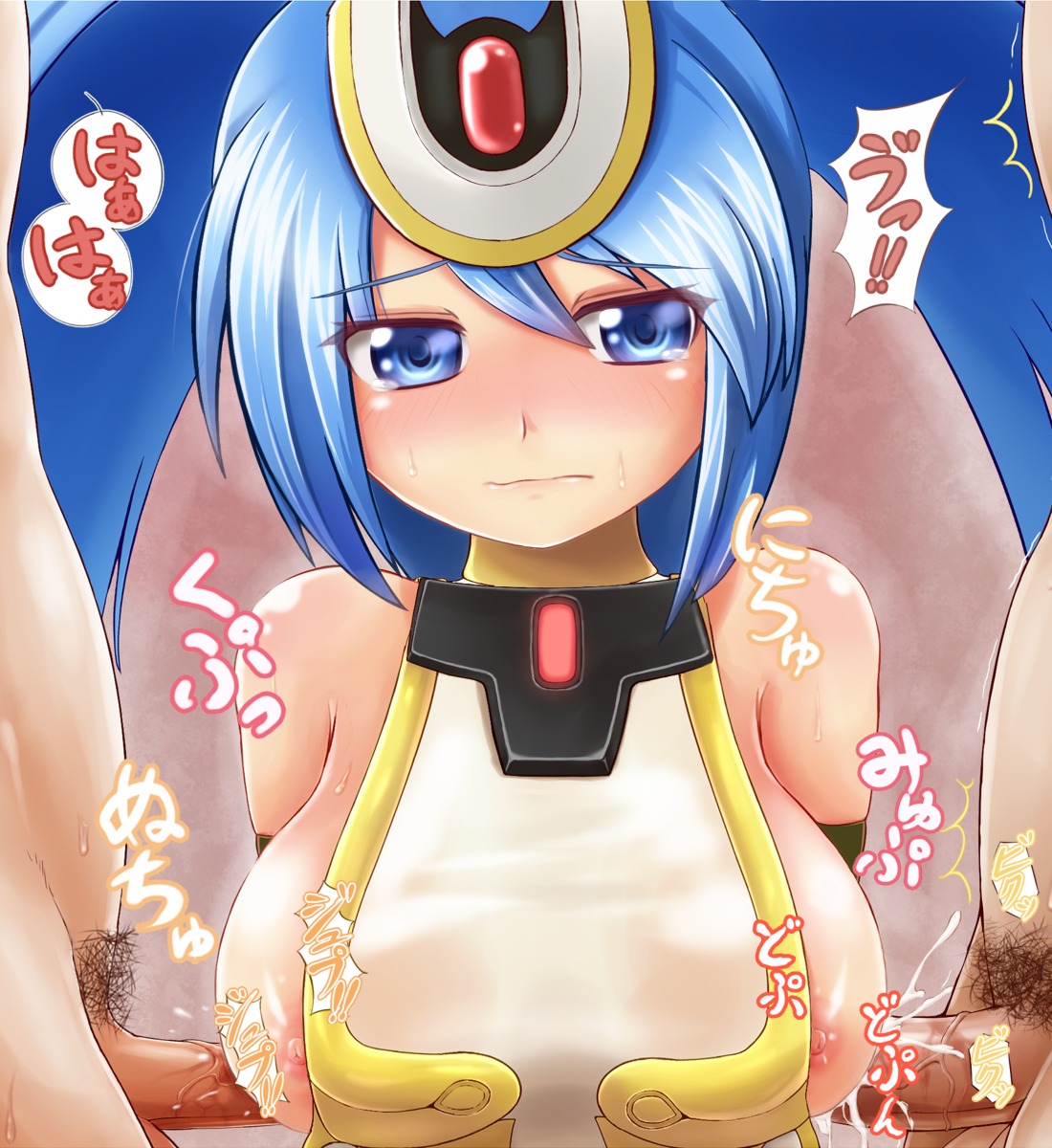blue_eyes blue_hair blush breasts cosmic_break cum female highres large_breasts lily_rain lily_rain_eve male monugaeru multiple_penises nipple_slip nipples paizuri penis pubic_hair rule34 sideboob straight sweat tear uncensored wavy_mouth