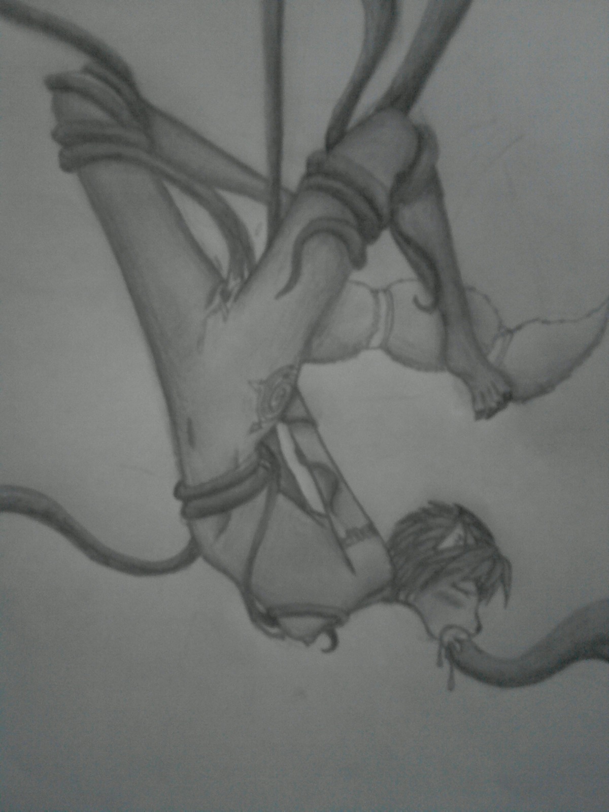 anthro barefoot blush bound breasts female female_only fox fur furry furry_breasts furry_ears furry_tail greyscale hair insertion krystal monochrome nude oral_insertion pointy_ears pussy rule34 short_hair side_view solo star_fox tail tentacle upside-down vaginal_insertion