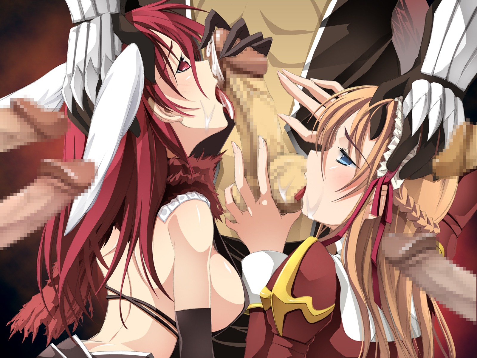 2girls blue_eyes breasts censored clothing cum female high_priest kyoro_(cothurnus) medium_breasts mosaic_censoring oral_sex ragnarok_online red_eyes red_hair rule34 sideboob