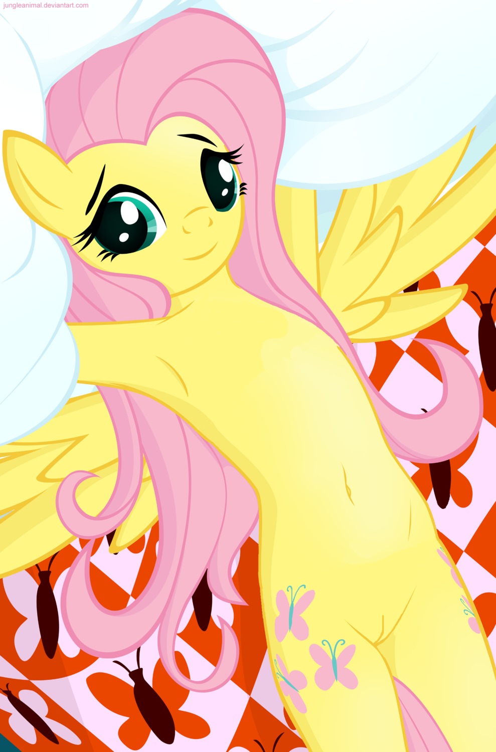 2012 absurd_res anthro bed blue_eyes cutie_mark e621 equid equine feathered_wings feathers female fluttershy_(mlp) friendship_is_magic furniture genitals hair hasbro hi_res junglepony looking_at_viewer magic mammal my_little_pony mythological_creature mythological_equine mythology navel nude pegasus pillow pink_hair smile solo third-party_edit vulva wings yellow_body yellow_feathers