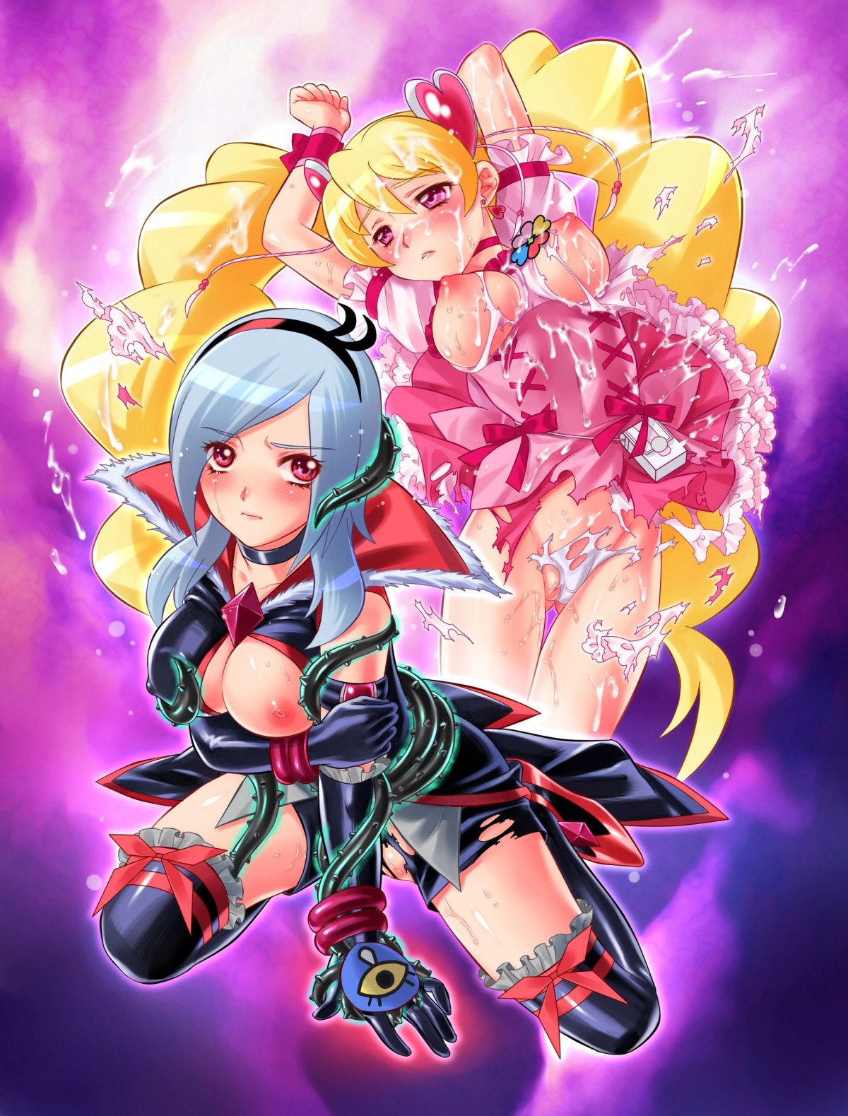 2girls blonde_hair blue_hair blush breasts bukkake choker clothing cum cum_on_body cure_peach dark_magical_girl dress earrings eas elbow_gloves female fresh_precure! fresh_pretty_cure! gloves hair_ornament heart higashi_setsuna highres jewelry latex latex_dress latex_gloves long_hair magical_girl medium_breasts momozono_love multiple_females multiple_girls nekozawa_yukari nipples panties precure pretty_cure purple_eyes red_eyes rule34 shorts stockings thighhighs thorns torn_clothes very_long_hair