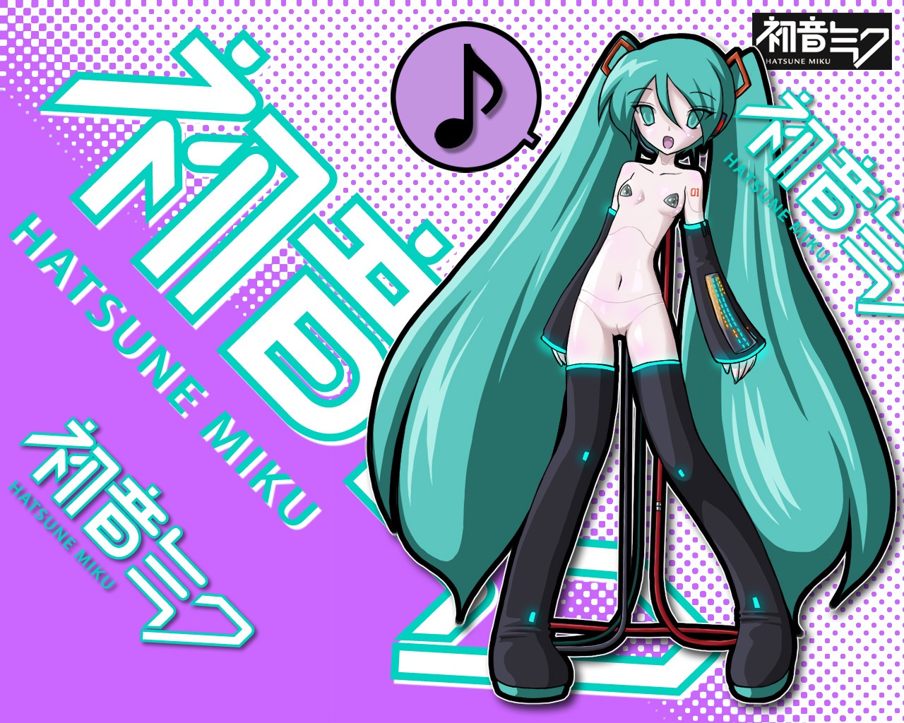 1girl aqua_eyes aqua_hair character_name cute_fang detached_sleeves doll_joints eighth_note female hatsune_miku logo long_hair musical_note nude pasties pussy rule34 see-through solo spoken_musical_note text thighhighs tied_hair twintails very_long_hair vocaloid wallpaper