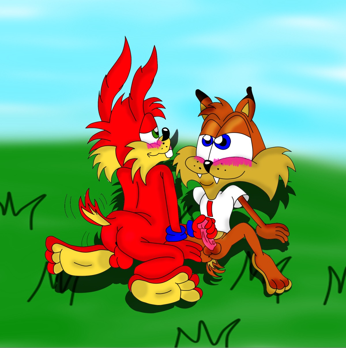anthro bobcat bubsy bubsy_(series) clothing feline furry handjob jazz_jackrabbit jazz_jackrabbit_(series) lagomorph lynx male rabbit rule34 spaz_jackrabbit tagme yaoi
