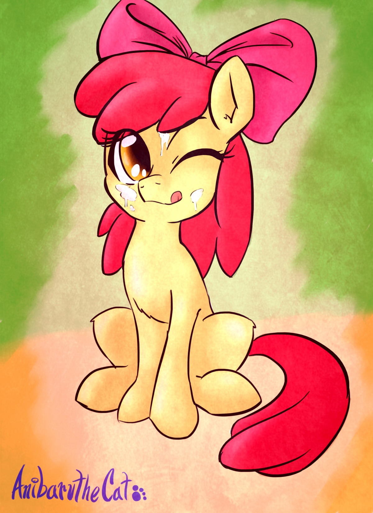 2014 absurd_res accessory anibaruthecat apple_bloom_(mlp) bodily_fluids bow_(feature) bow_accessory bow_ribbon cum cum_on_face digital_media_(artwork) e621 earth_pony equid equine female feral friendship_is_magic fur genital_fluids hair hair_accessory hair_bow hair_ribbon hasbro hi_res horse loli mammal my_little_pony one_eye_closed pony red_hair ribbons solo yellow_body yellow_fur young young_female young_feral