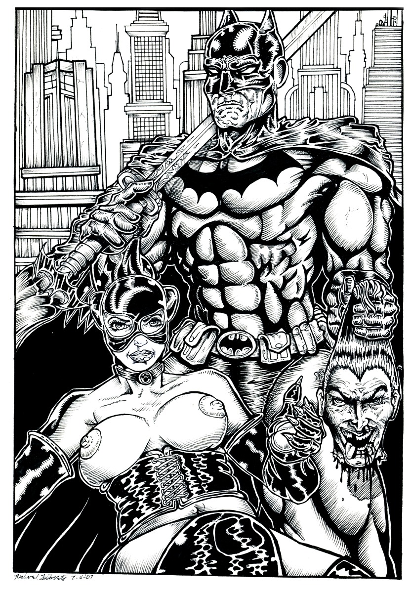 1boy 1girls abs areolae armor bare_shoulders batman batman_(bruce_wayne) batman_(series) blood boots breasts bruce_wayne cape catwoman city claws corset dc dc_comics death eyelashes female gloves godzillasmash gore guro hair_grab human joker large_breasts male male_death male_ryona mask monochrome muscular navel nipples rolling_eyes rule34 selina_kyle severed_head sketch smile sword text tongue tongue_out topless weapon