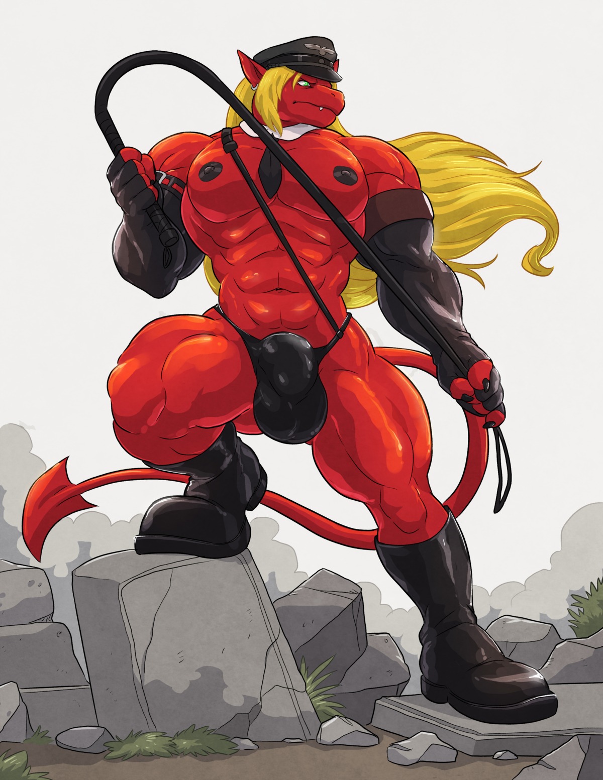 2013 abs absurd_res accessory anthro balls_outline biceps big_muscles biped black_nipples blonde_hair boots bulge claws clothed clothing demon detailed_bulge drakians_(drakians_farlight) e621 ear_piercing footwear genital_outline hair hat headgear headwear hi_res latex long_hair male muscular muscular_anthro muscular_male nazi necktie nipples outside pecs piercing red_body red_skin rock shoes solo spade_tail standing tail thong topless underwear wfa whip