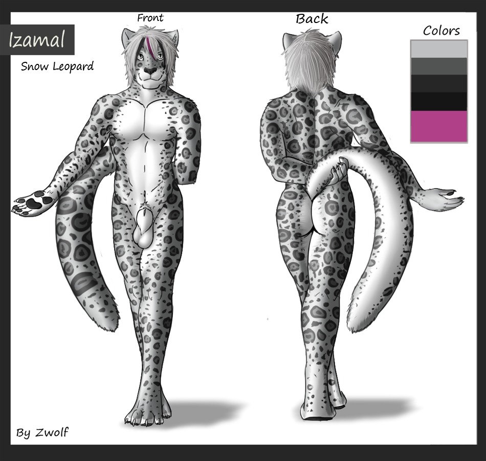 2013 animal_genitalia anthro balls biped black_border black_pawpads border butt claws color_swatch e621 english_text felid flaccid front_view fully_sheathed fur genitals grey_hair hair holding_tail izamal leopard male mammal markings model_sheet pantherine pawpads paws penis pose pubes shaded sheath simple_background snow_leopard soft_shading solo spots spotted_body spotted_fur spotted_skin tail text white_background white_body white_claws white_eyes white_fur zwolf