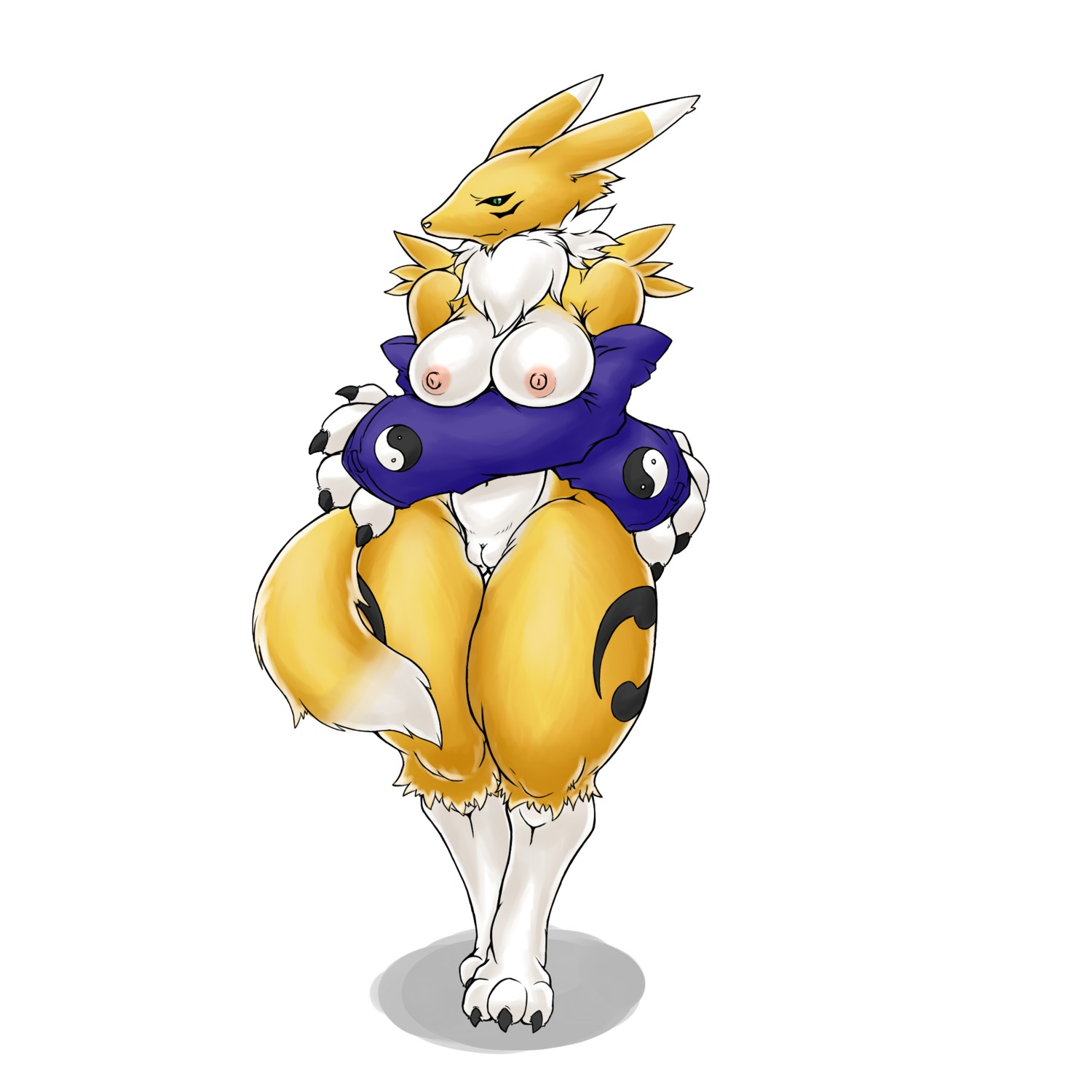 1:1 340m/sec anthro armwear bandai_namco biped black_sclera breast_rest breasts bridal_gauntlets canid canine chest_tuft clothing countershading digimon digimon_(species) dipstick_tail e621 exposed facial_markings female fur genitals green_eyes head_markings hi_res mammal markings mostly_nude multicolored_body multicolored_fur multicolored_tail navel nipples pinup pose renamon simple_background solo standing tail tail_markings tuft two_tone_body two_tone_fur two_tone_tail vulva white_background white_body white_fur white_tail yellow_body yellow_fur yellow_tail yin_yang