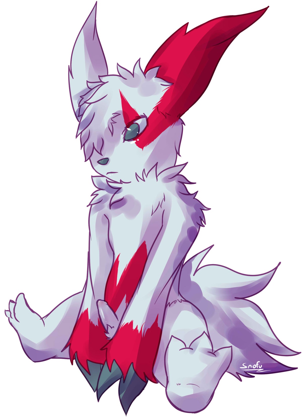 2011 anthro chest_tuft digital_media_(artwork) e621 erection fur generation_3_pokemon genitals grey_eyes hair hi_res male markings nintendo penis pokemon pokemon_(species) red_markings simple_background snofu solo tail tuft white_body white_fur white_hair zangoose