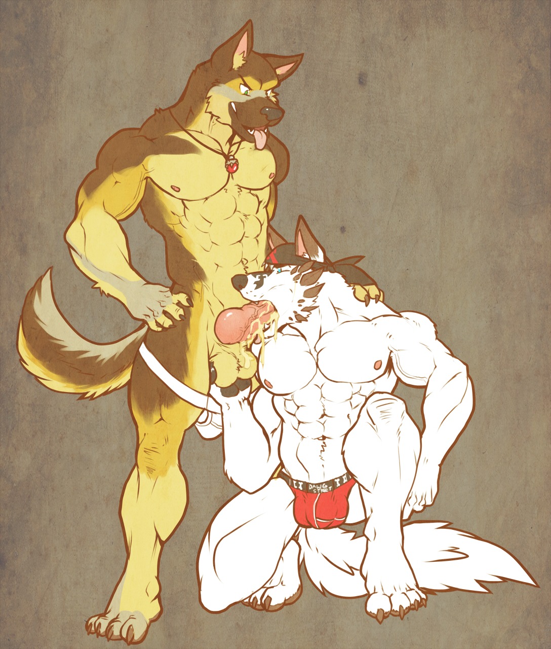 2013 abs animal_genitalia animal_penis anthro athletic ball_fondling balls biceps big_muscles big_penis black_nose blue_eyes bodily_fluids briefs brown_body brown_fur bulge canid canine canine_genitalia canine_penis canis claws clothed clothing crouching cum cum_drip cum_in_mouth cum_inside cum_on_balls cum_on_penis cum_string dire_wolf domestic_dog dominant dripping duke_(nightterror) duo e621 erection fangs fellatio fondling fur genital_fluids genitals german_shepherd green_eyes herding_dog hi_res horn jewelry jockstrap kanic kerchief kneeling knot leaking male male/male male_penetrated male_penetrating male_penetrating_male mammal muscular muscular_male necklace nightterror nipples open_mouth oral oral_penetration orgasm partially_clothed pastoral_dog pawpads paws pecs penetration penile penis pose prehistoric_species sex smile standing tan_body tan_fur teeth toe_claws tongue tongue_out topless underwear underwear_down vein veiny_penis white_body white_fur wolf yellow_body yellow_fur