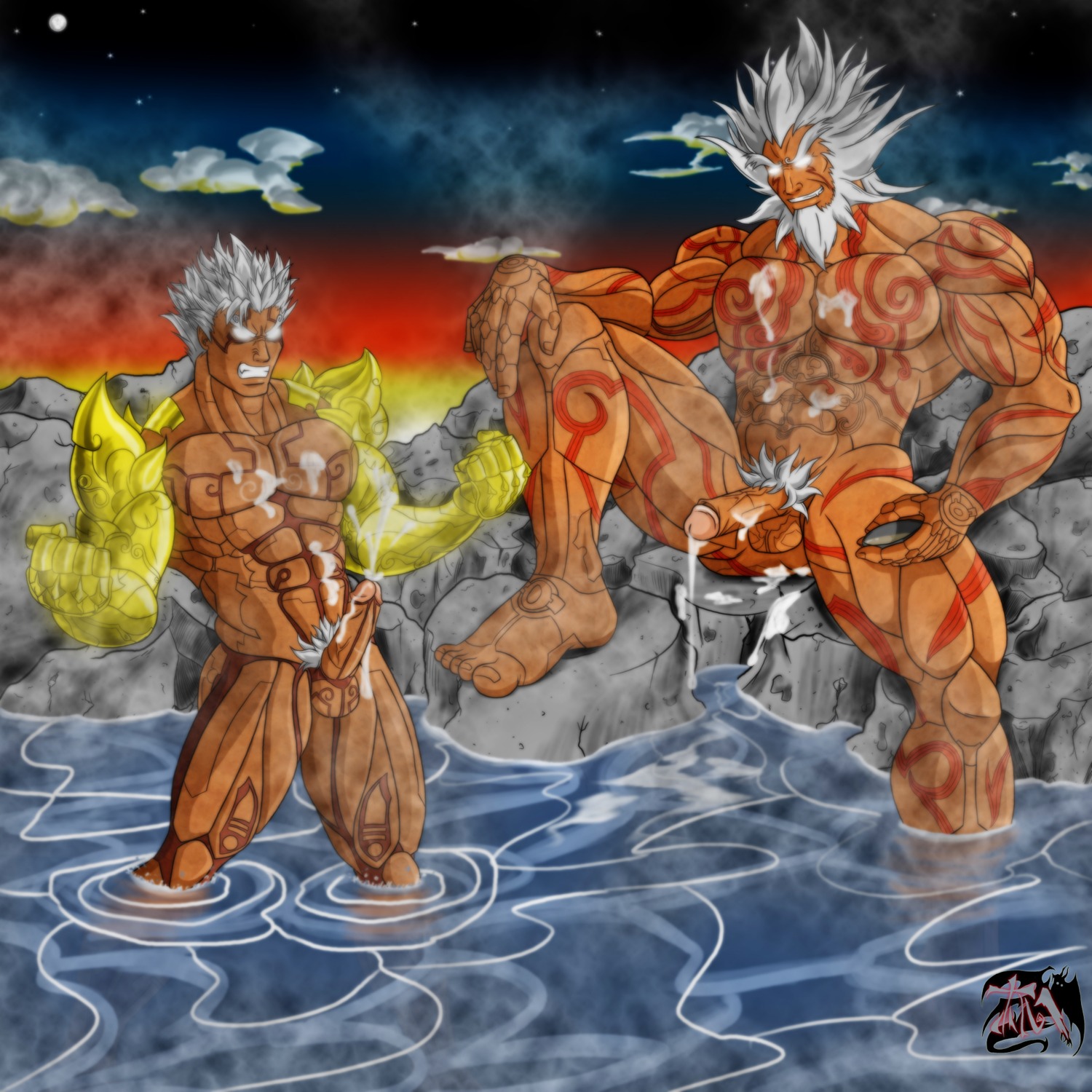 2boys abs asura's_wrath asura_(asura's_wrath) augus balls bara beard body_markings cum cum_on_self cumshot devilman_(artist) ejaculation erection gold_arms handsfree_ejaculation male male_only muscular muscular_male nipples nude penis pubic_hair rule34 teacher_and_student video_games water white_hair yaoi