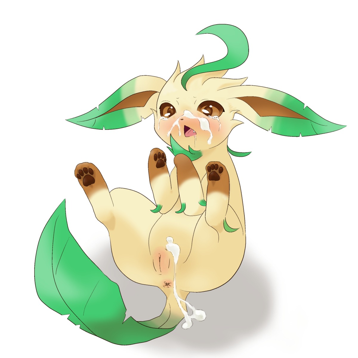 1:1 anus asage blush bodily_fluids brown_eyes cum cum_on_face e621 eeveelution feet female feral generation_4_pokemon genital_fluids genitals hi_res hindpaw leafeon nintendo pawpads paws pokemon pokemon_(species) simple_background solo tail tears vulva white_background