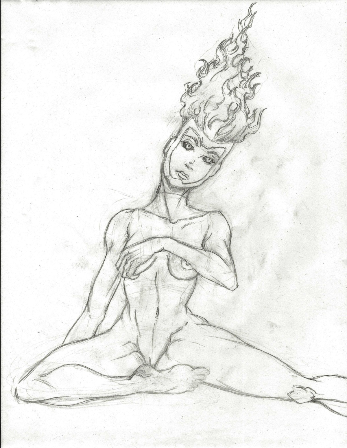 1girls barefoot breasts closed_mouth covering dc dc_comics female female_only fiery_hair fire firestorm firestorm_(series) front_view head_tilt looking_at_viewer monochrome nude pussy rule34 rule_63 sitting sketch solo solo_female traditional_drawing_(artwork) traditional_media_(artwork) vulva white_background