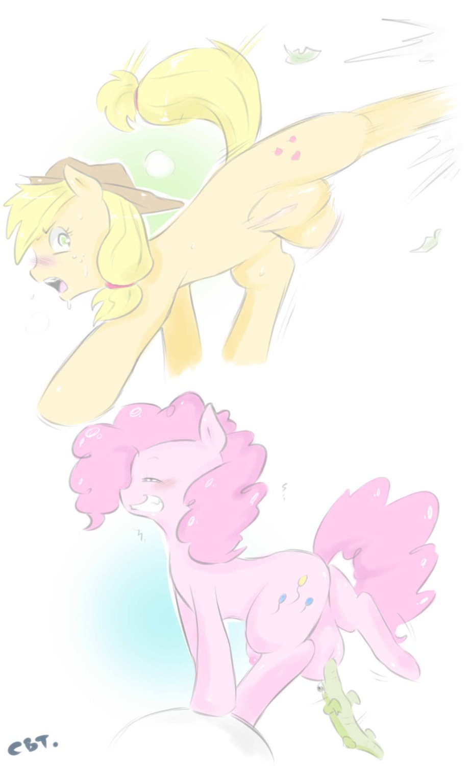 2013 applejack_(mlp) blonde_hair blush bodily_fluids clothing cold-blooded-twilight cowboy_hat cutie_mark e621 earth_pony equid equine female feral freckles friendship_is_magic fur green_eyes group gummy_(mlp) hair hasbro hat headgear headwear hi_res horse mammal my_little_pony nipples pink_body pink_fur pink_hair pinkie_pie_(mlp) pony quadruped simple_background sweat tail teats white_background