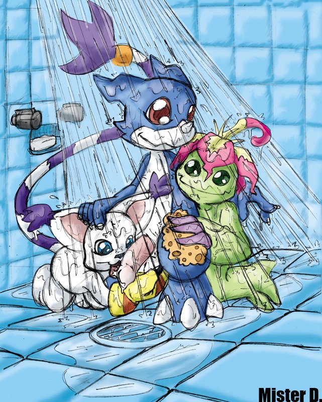 anthro bandai_namco blue_background blue_body blue_eyes blue_skin digimon digimon_(species) dragon e621 ear_tuft elemental_creature felid fellatio female flora_fauna fur gatomon genitals green_eyes group group_sex half-erect interspecies licking male male/female mammal mister_d mythological_creature mythological_scalie mythology oral palmon penile penis penis_lick plant red_eyes scalie sex shower simple_background tail threesome tongue tongue_out trio tuft veemon white_body white_fur