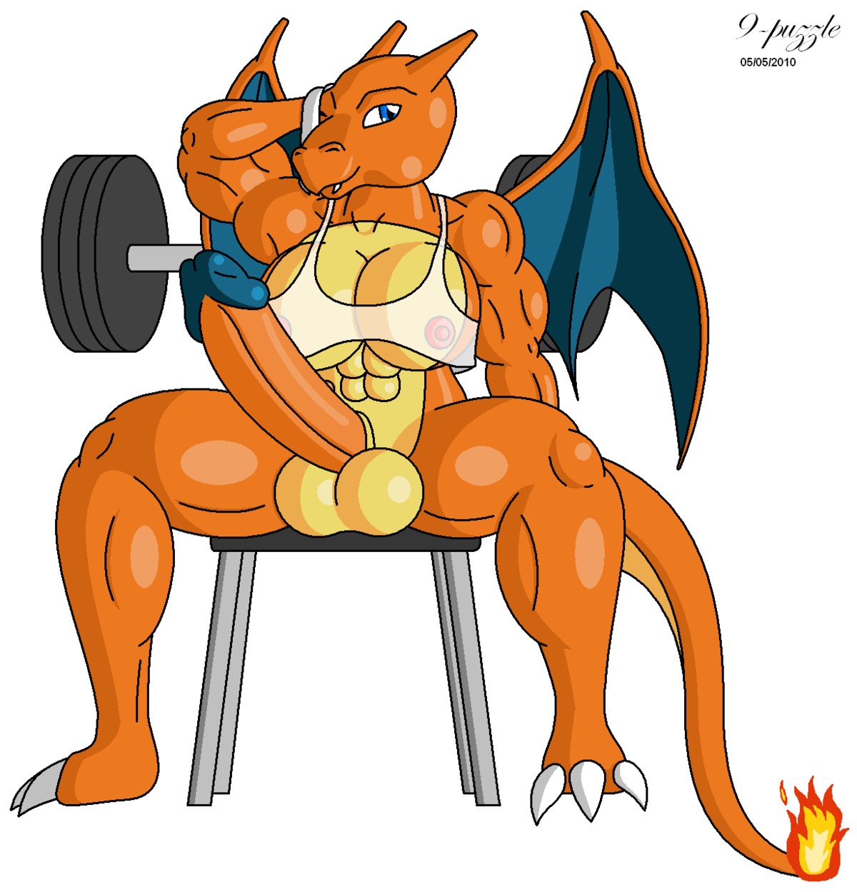 1futa 2010 9-puzzle balls bottomless breasts charizard claws color fire front_view futa_only futanari intersex intersex_only muscles nintendo nipples penis pok&eacute;mon_(species) pokemon pokemon_(species) rule34 sitting solo tail tail_fire testicles weights